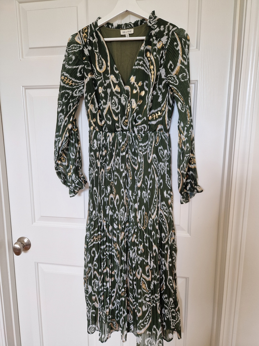 Olive Patterned Long Sleeve Midi Dress Mila Mae